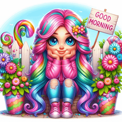 a girl with pink and blue hair is sitting in front of a sign that says good morning