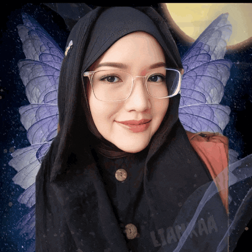 a woman wearing glasses and a hijab has a watermark that says ' lian aa ' on it