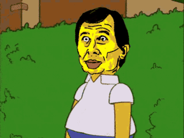 a cartoon drawing of a man with a yellow face and a white shirt
