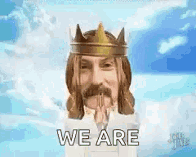 a man with long hair and a mustache wearing a crown is praying .