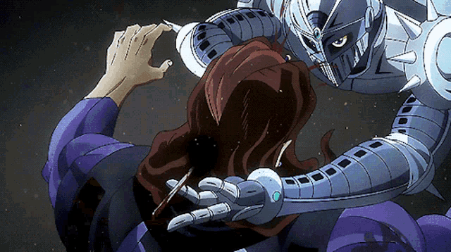a man is being attacked by a silver robot