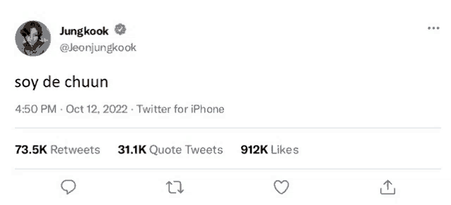 a tweet from jungkook says soy de chuun at the top