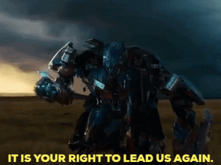 a robot is standing in a field with the words it is your right to lead us again