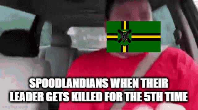 a man in a red shirt is driving a car with a green and yellow flag in front of his face