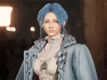 a woman with blue hair is wearing a blue coat and a white dress