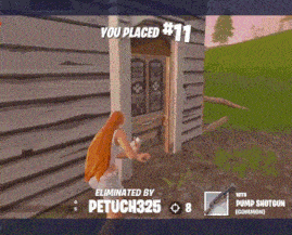 a video game screen that says you placed # 11 and eliminated by petuch325