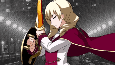 a pixel art illustration of a woman holding a sword and shield