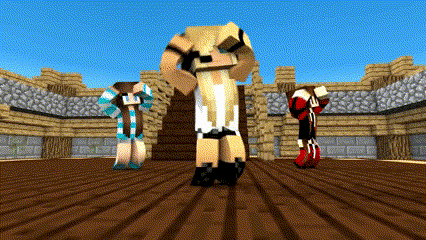 three minecraft characters standing on a wooden floor
