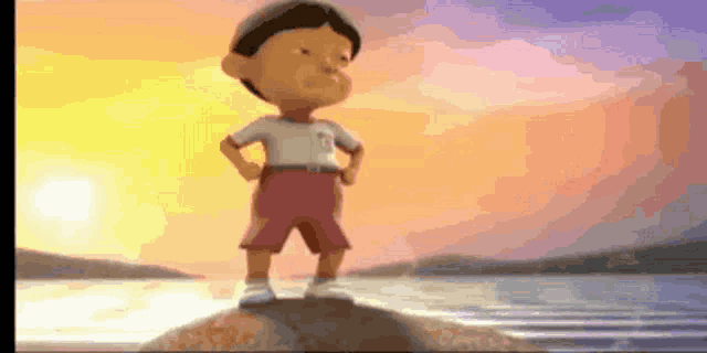 a cartoon character is standing on a rock near a body of water