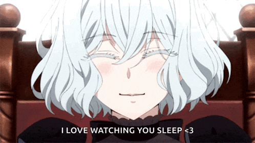 a girl with white hair is sitting in a chair with her eyes closed and says i love watching you sleep < 3