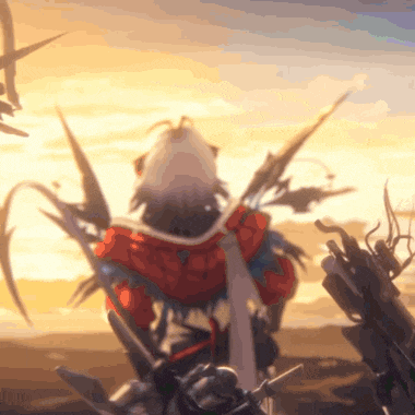 a person in a red jacket is holding a sword in front of a sunset sky
