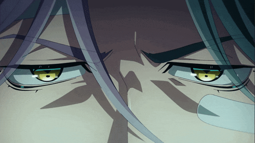 a close up of a person 's eyes with purple hair and yellow eyes