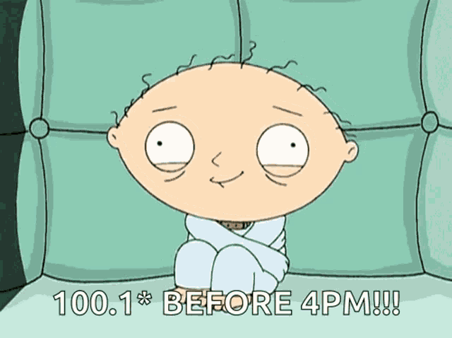 a cartoon character sitting on a couch with the words 100.1 * before 4pm written below him