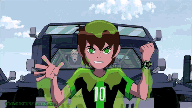 a cartoon character wearing a green shirt with the number 10 on it