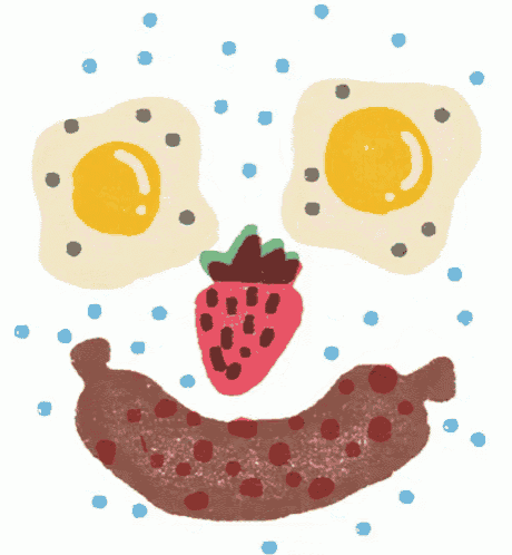 a drawing of eggs strawberries and a sausage making a face