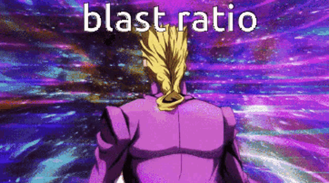 a man in a purple suit is standing in front of a purple background with the words blast ratio written on it