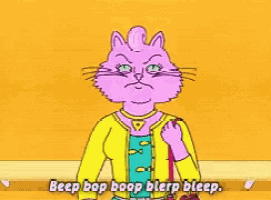 a cartoon cat says beep bop boop blep bleep