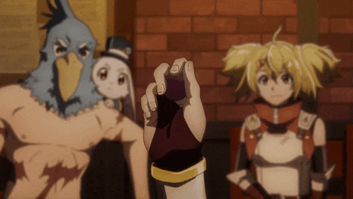 a man in a bird mask holds a purple object in front of two anime characters