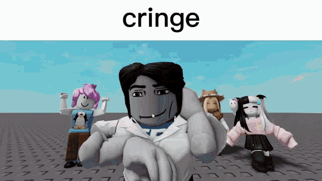 a group of roblox characters standing next to each other with the word cringe written above them