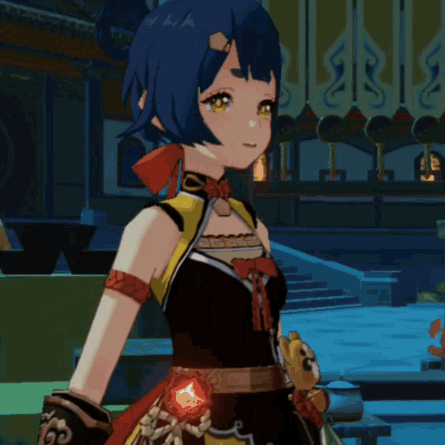 a girl with blue hair and yellow eyes is standing in a dark room