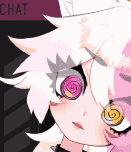 a drawing of a girl with a spiral in her eyes and the word chat behind her