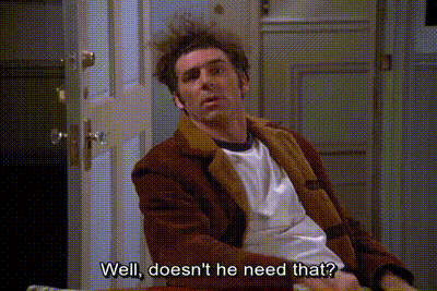 a man is sitting in front of a door with the words `` well , doesn 't he need that ? ''