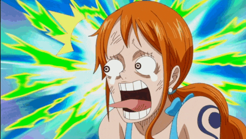 nami from one piece is making a surprised face with her tongue hanging out .