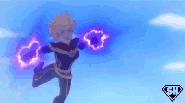 a cartoon character is flying through the air while holding purple rings in her hands .