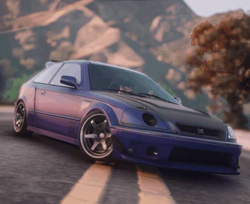 a purple honda civic with a black hood is driving down the road