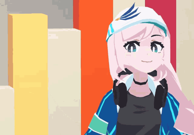 a cartoon girl with pink hair and headphones on