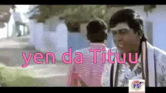 a man in a white shirt is talking to another man in a pink shirt with yen da tituu written on it