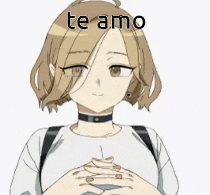 a cartoon girl is wearing a choker and a white shirt and is saying te amo .