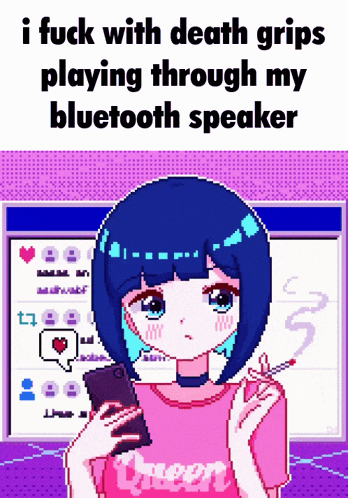a pixel art of a girl smoking a cigarette and holding a phone