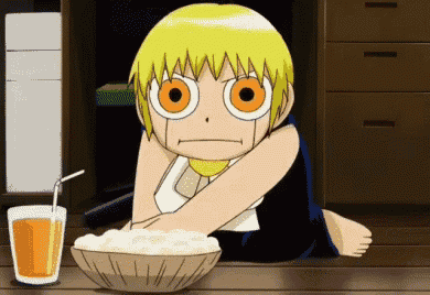 a cartoon character sits on the floor with a bowl of food and a glass of orange juice