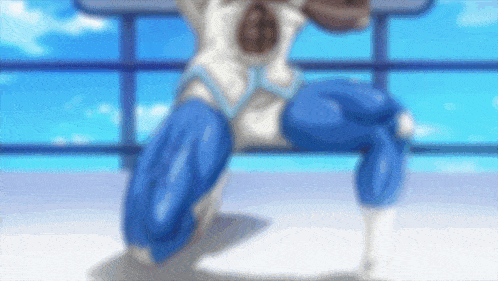 a blurry picture of a person in a white shirt and blue pants doing a squat .