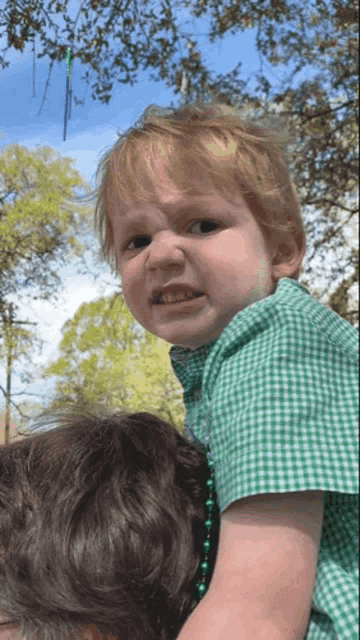 a little boy in a green plaid shirt is being carried by a man
