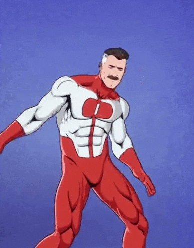 a cartoon character in a red and white superhero costume is flying through the air