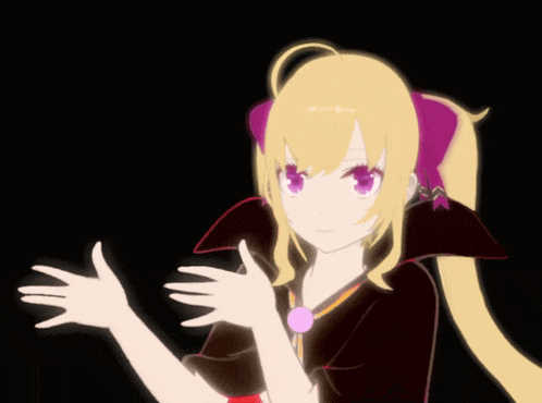 a girl with blonde hair and purple eyes is wearing a black top