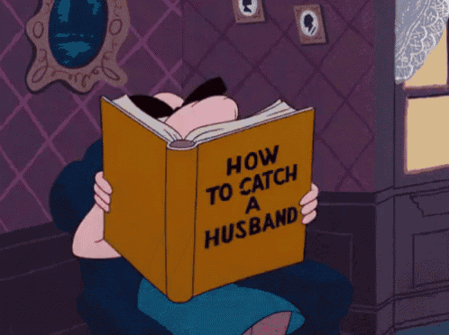 a cartoon woman is reading a book titled how to catch a husband