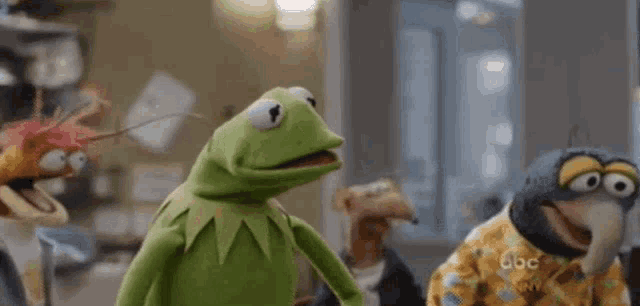 kermit the frog is standing next to a group of muppets in a room .
