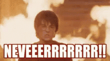 harry potter is standing in front of a fire with the words neveeeerrrrrr !