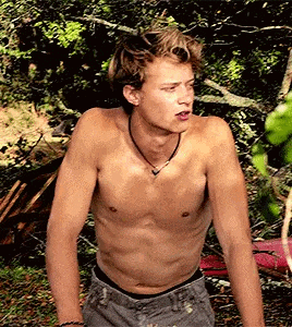 a shirtless man is standing in the woods with his arms outstretched .