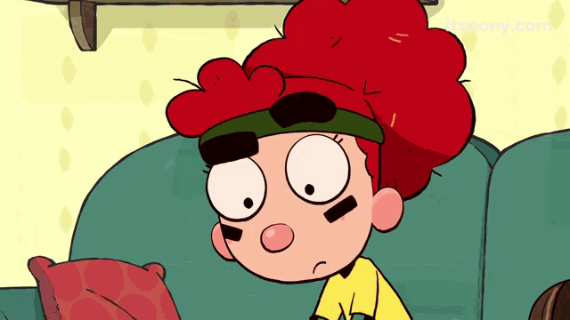 a cartoon character with red hair is sitting on a couch with a yellow shirt on