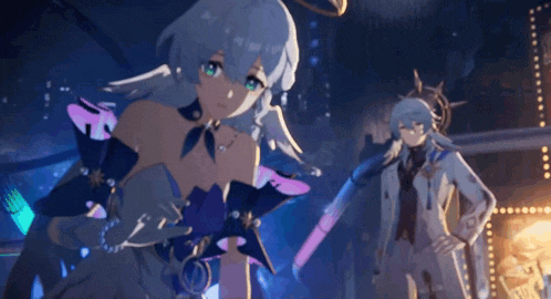 a couple of anime characters are standing next to each other in a dark room