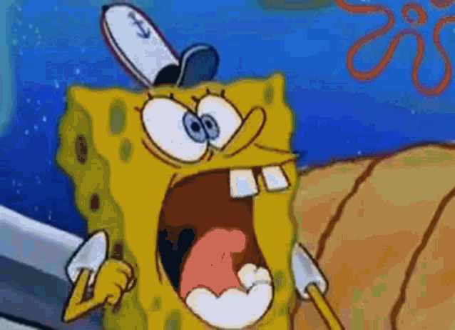 a cartoon of spongebob squarepants with his mouth open holding a knife and a pencil .