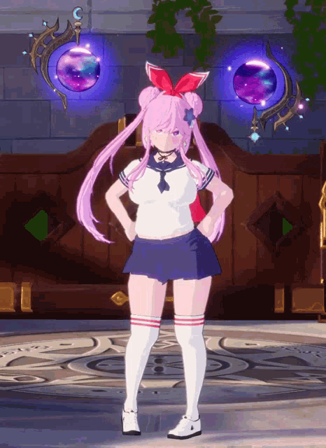 a girl with pink hair is standing with her hands on her hips in a video game