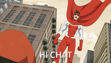 a cartoon of a superhero with the words hi chat written below him