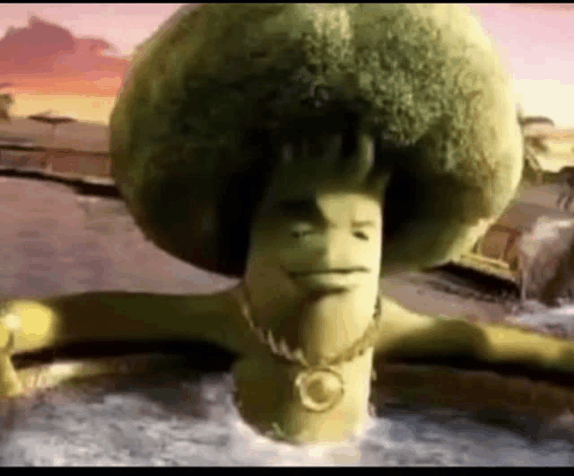 a cartoon character with a broccoli head and a gold chain is swimming in the water .