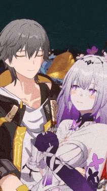 a boy and a girl are standing next to each other and the girl has purple eyes