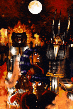 a group of cartoon characters are standing in front of a burning castle